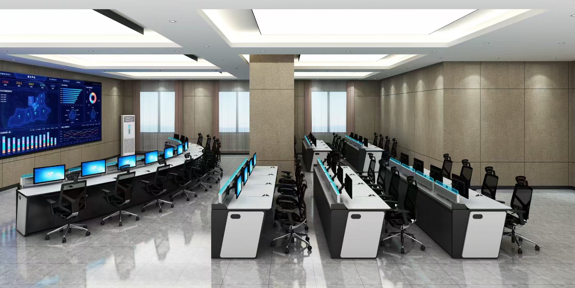 Command center with console rows and data wall