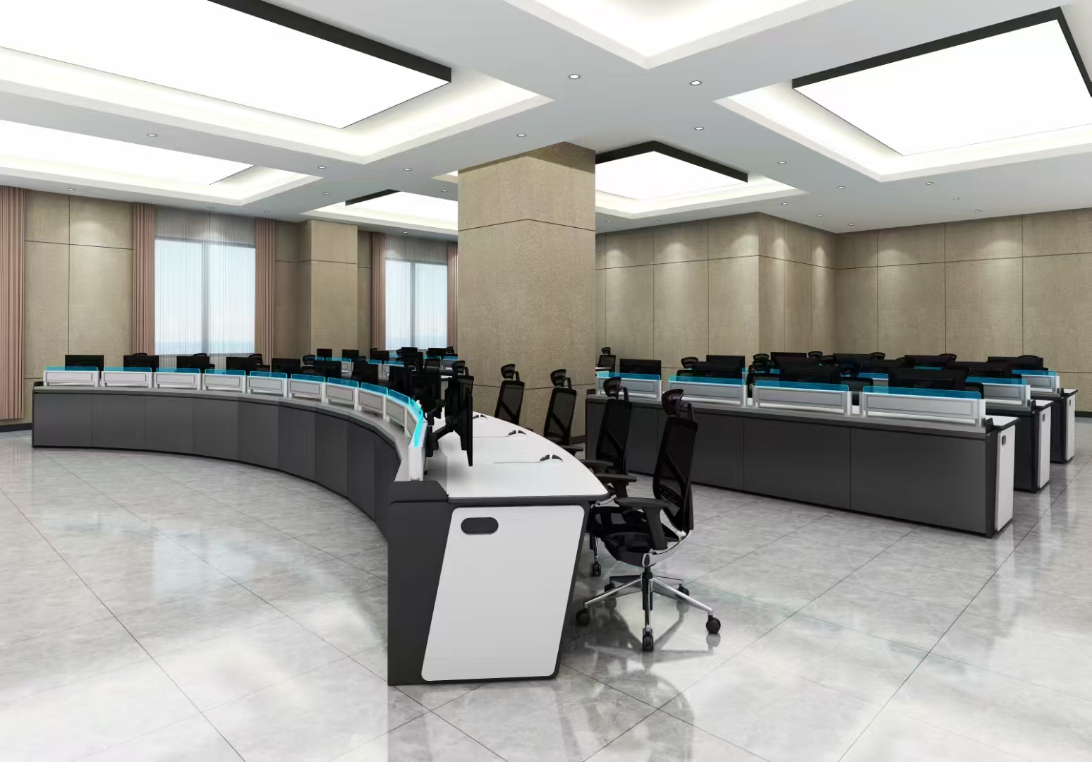 Curved console rows in monitoring room
